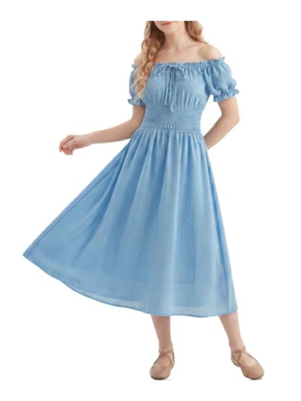 Women's Milkmaid Off Shoulder Smocked Midi Dress Puff Sleeve Cottagecore Peasant